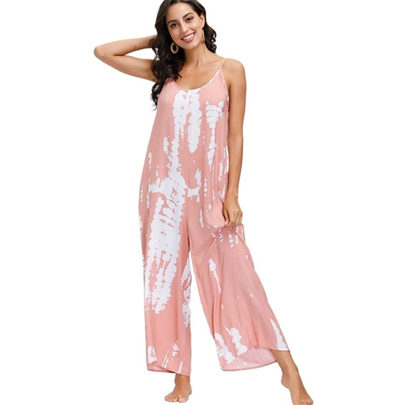 Women's Tie Dye Pink Jumpsuit romper with Pockets - Picture 3 of 5